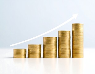 Gold coins stacked in ascending order with a growth arrow