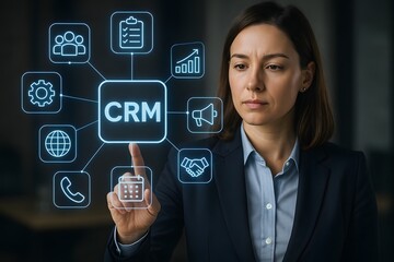 A woman interacts with a holographic interface displaying CRM icons