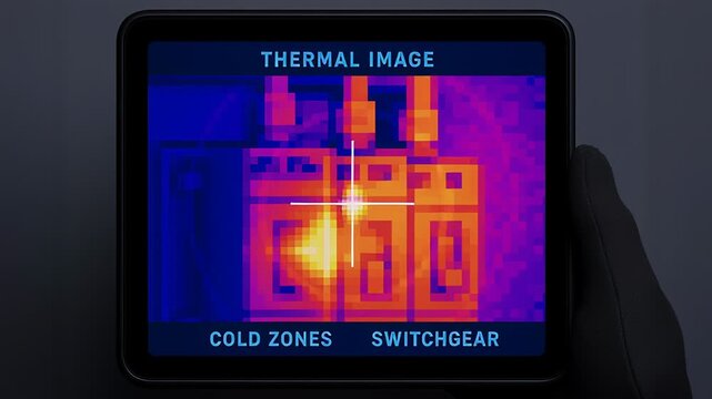 Thermal electrical switchgear inspection reveals cold zones and hot spots indicating power outage risk and urgent maintenance for safety assurance