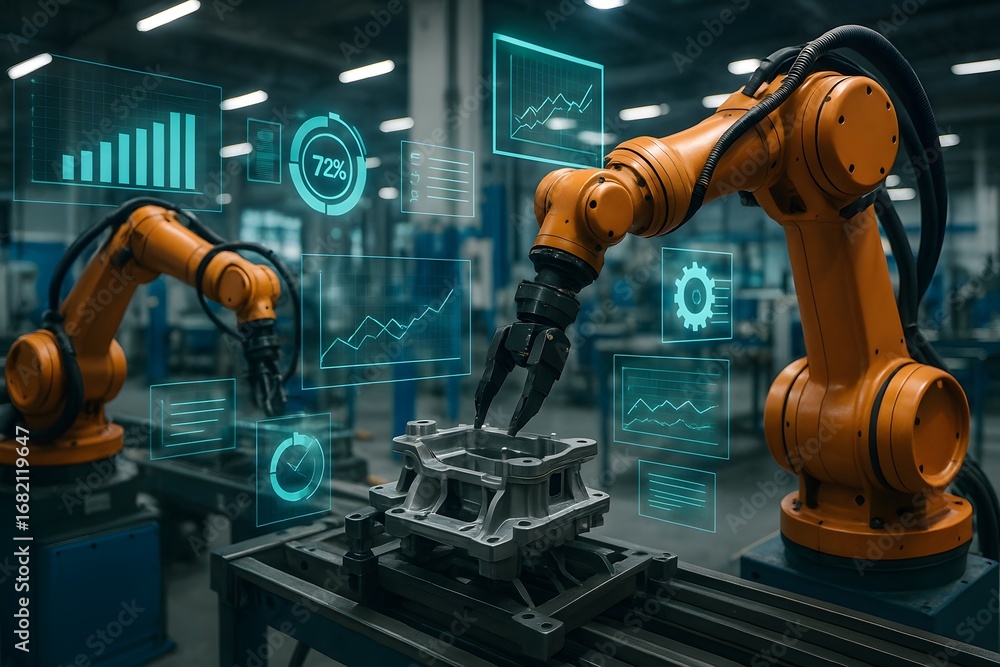 Poster robotic arms working efficiently in a modern factory, showcasing technological advancements and auto