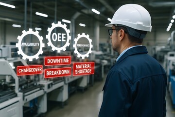 A worker inspecting the manufacturing process, with OEE elements overlaid on a modern industrial setting