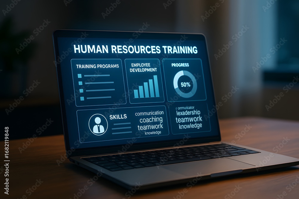 Aufkleber a laptop displaying a human resources training interface. it shows data visualizations related to em