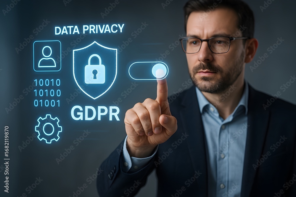 Aufkleber a professional man interacting with a digital interface focused on data privacy and gdpr compliance.