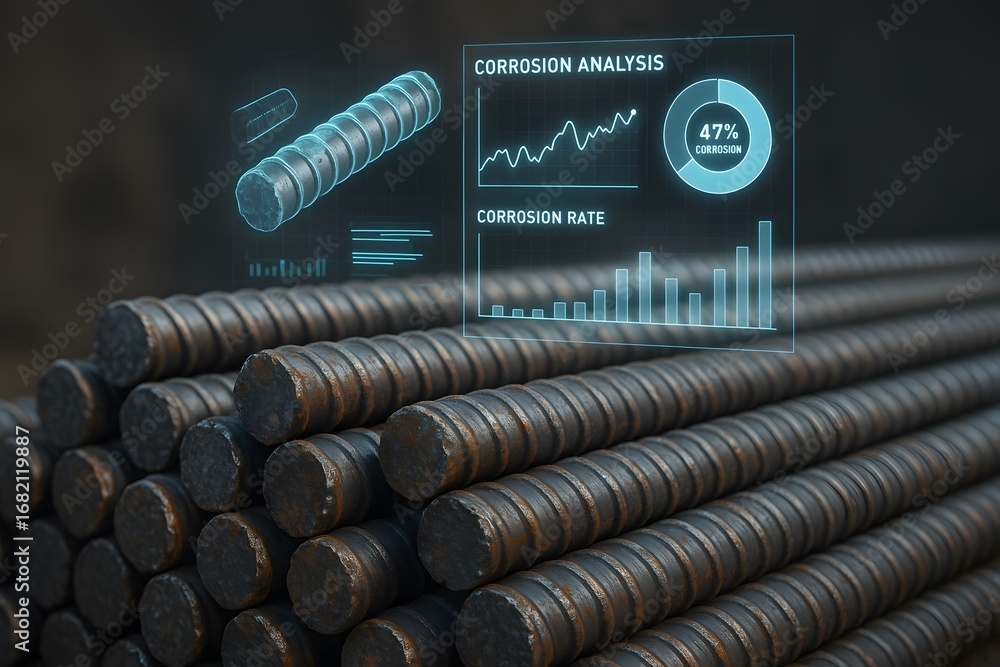 Aufkleber steel bars with digital overlay showing corrosion analysis and data visualization. demonstrating ind