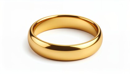 A simple, polished gold wedding band is shown against a stark white background.