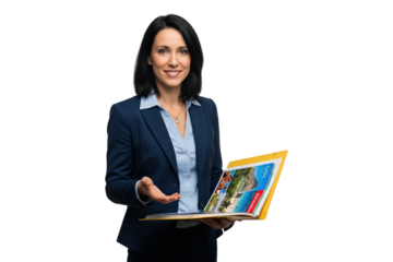 Professional travel agent presenting a holiday destination with a brochure.