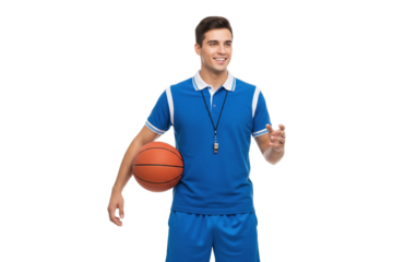 Smiling young basketball coach with a whistle holding a ball.