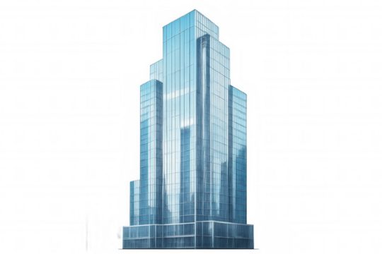 Modern glass skyscraper reflecting city skyline on transparent background, perfect for architectural visualization and urban design projects