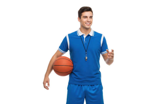 Smiling young basketball coach with a whistle holding a ball.