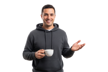 Friendly casual man in a hoodie talking while holding a coffee cup.