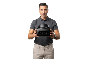 Man holding and showing a virtual reality headset to the camera.