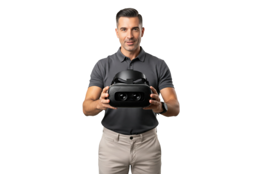 Man holding and showing a virtual reality headset to the camera. - Powered by Adobe