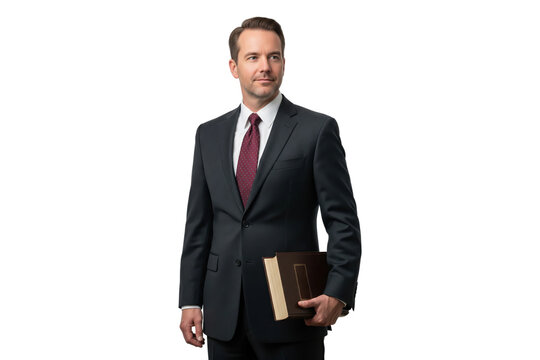 Confident businessman or lawyer in a suit holding a thick book.
