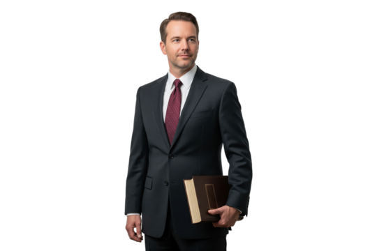Confident businessman or lawyer in a suit holding a thick book.