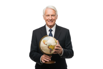 Senior businessman in a formal suit smiling while holding a globe.