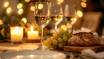 Romantic Dinner Scene Wine with Grapes, Bread, Candles, and Warm Lighting  Cozy Atmosphere.
