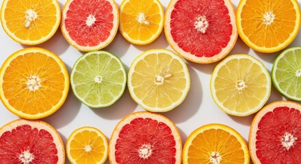 A vibrant arrangement of citrus fruit slices showcases a variety of colors and textures against a plain background.