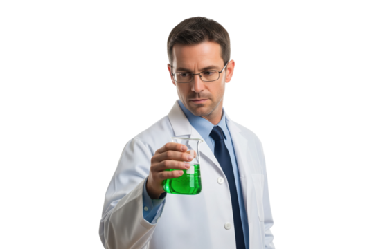 Male scientist in a lab coat and glasses examining a beaker of green liquid.