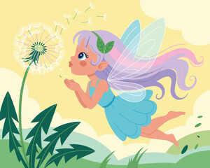 Cute Fairy Blowing Dandelion Wishes