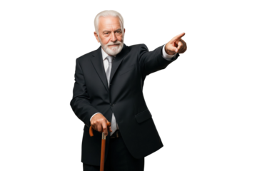 Confident senior businessman in a suit with a cane pointing forward.