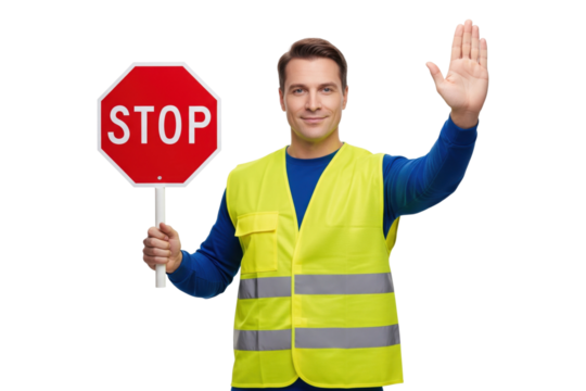 Man in a safety vest holding a stop sign and making a stop gesture with his hand. - Powered by Adobe