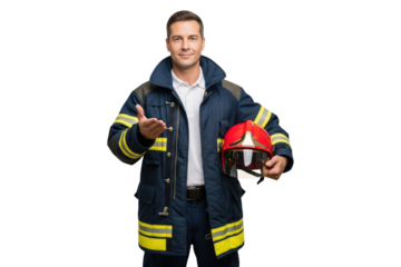 Friendly firefighter in uniform holding a helmet with a welcoming gesture.