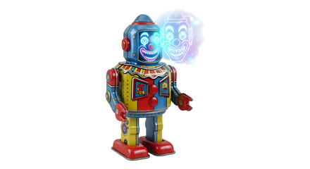 Fototapeta premium Retro tin robot with glowing clown face projection, vintage toy charm and modern tech fusion