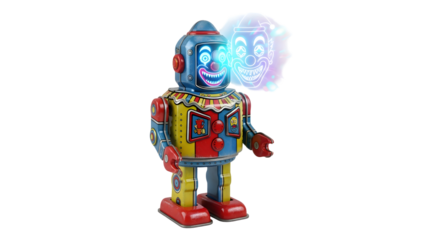 Retro tin robot with glowing clown face projection, vintage toy charm and modern tech fusion