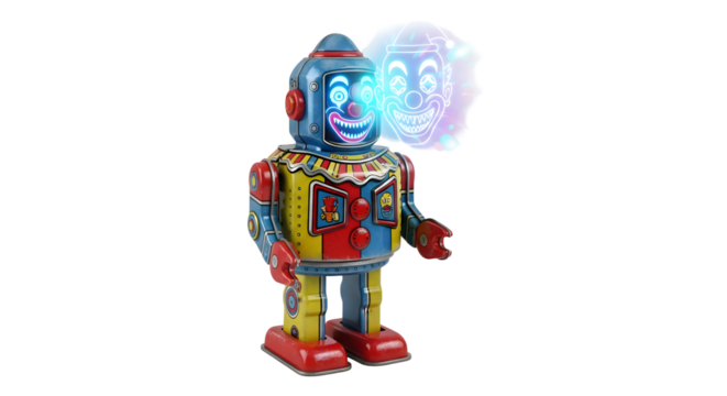 Retro tin robot with glowing clown face projection, vintage toy charm and modern tech fusion