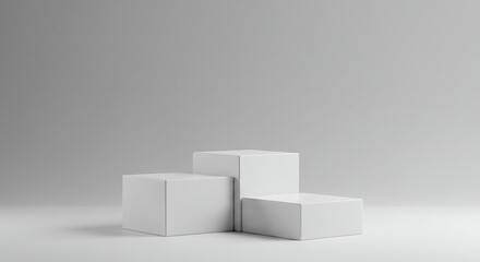 A minimalist 3D render of three white cubic podiums arranged in a stepped formation on a clean white surface against a soft grey background ideal for product placement and awards ceremonies