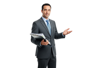 Professional businessman in a suit holding a folder and explaining with a hand gesture.