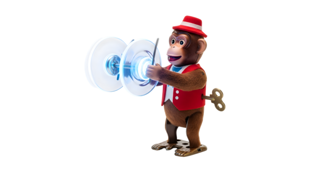 Charming wind-up monkey toy plays glowing cymbals with playful expression and classic hat