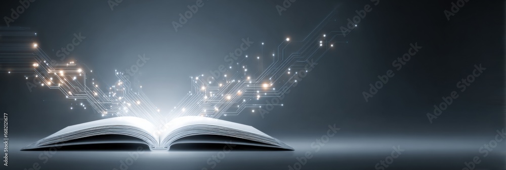 Poster an open book reveals an enchanting display of glowing lights and digital lines, symbolizing the merg