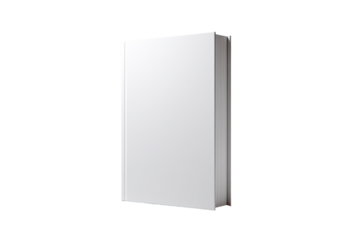 A blank, white book stands upright against a black background.  The book's cover is smooth and plain, showcasing no text or images.  Slight pixelation is visible around the edges