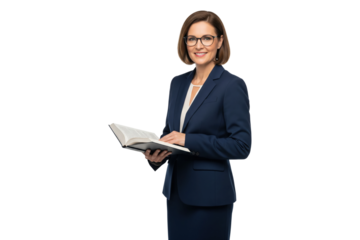 Confident professional businesswoman or teacher in a suit and glasses holding a book.