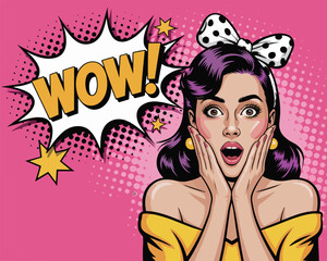 Retro Pop Art Woman Expressing Amazement, Shock and Surprise with Colorful Background