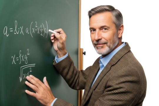 Portrait of a smiling male university professor writing a complex formula on a chalkboard.