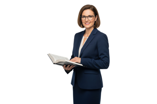 Confident professional businesswoman or teacher in a suit and glasses holding a book.