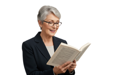 Elegant senior businesswoman with glasses smiling while enjoying reading a book.