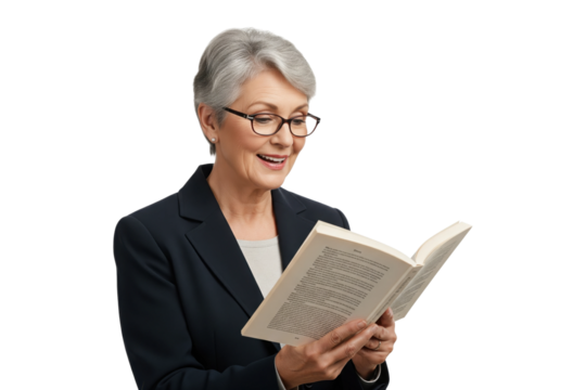 Elegant senior businesswoman with glasses smiling while enjoying reading a book.
