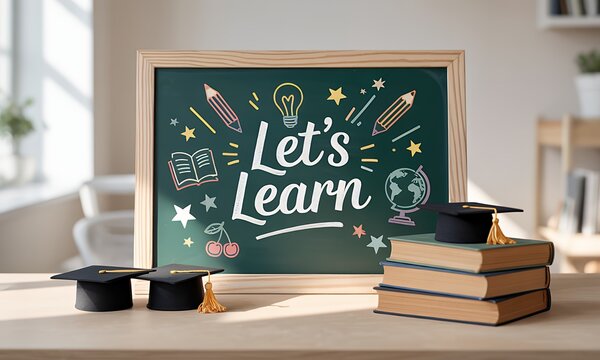Back to School Chalkboard with Graduation Caps and Books