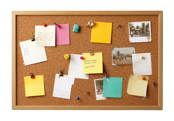 Cork bulletin board with various notes, sticky notes, and photos
