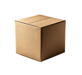 A closed, light brown cardboard box, cube-shaped, sits on a black background.  It has a simple, plain design