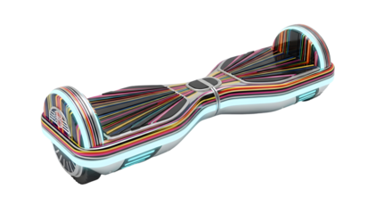 Futuristic hoverboard with vibrant colorful stripes and glowing LED lights for modern urban transport