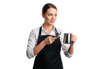 Professional female barista in a black apron holding a portafilter and milk pitcher.