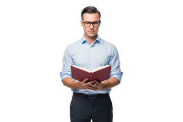 Intelligent-looking man with glasses standing and reading a book with concentration.