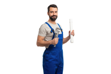 Confident professional plumber in overalls holding a pipe and a wrench.