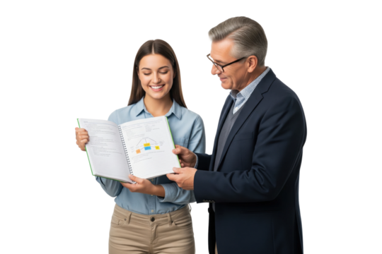 Senior male professor or mentor helping a young female student with her notes.