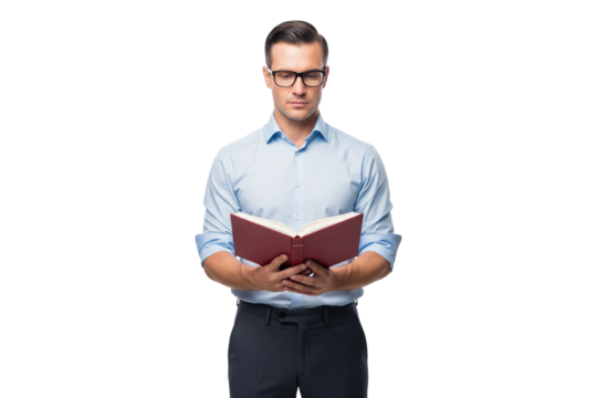 Intelligent-looking man with glasses standing and reading a book with concentration.