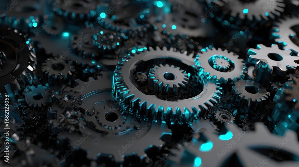 Poster close-up view of various metallic gears in motion, illuminated by a soft blue glow, showcasing the p